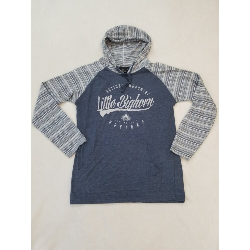 Burn Side Raglan Striped Hoodie pull over Blue Large Little Bighorn Montana